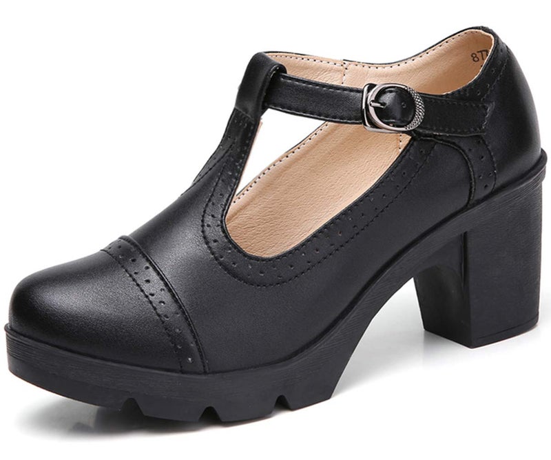DADAWEN Women's Classic T-Strap Platform Mid-Heel Square Toe Oxfords Dress Shoes Black US Size 8.5 - Image 1